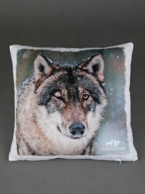 Wolfcenter, Onlineshop, Souvenirs, Kissen, Grauwolf, zwinkernd